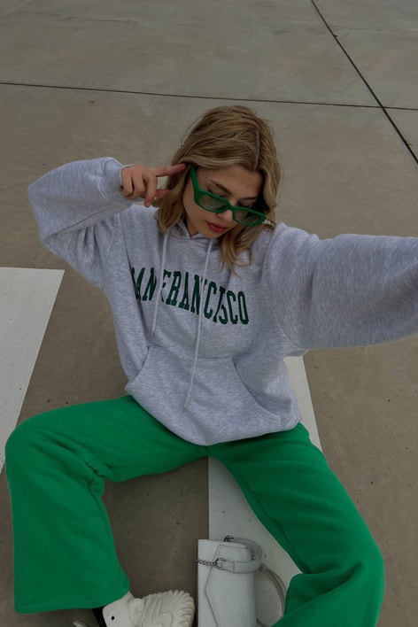 San Francisco Baskılı Kapüşonlu Sweatshirt Gri Melanj