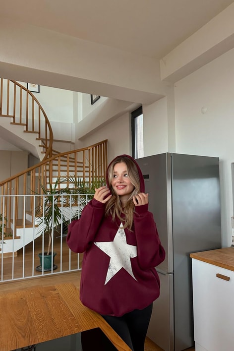 Star Baskı Sweatshirt Bordo