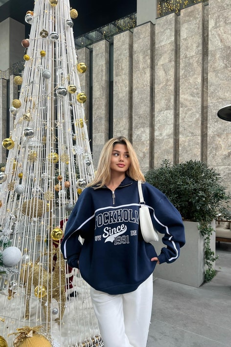 Stockholm Dik Yaka Fermuarlı Sweat Lacivert
