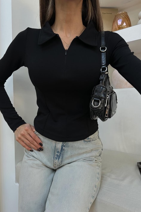 Yakalı Uzun Kol Fermuarlı Sweat Siyah