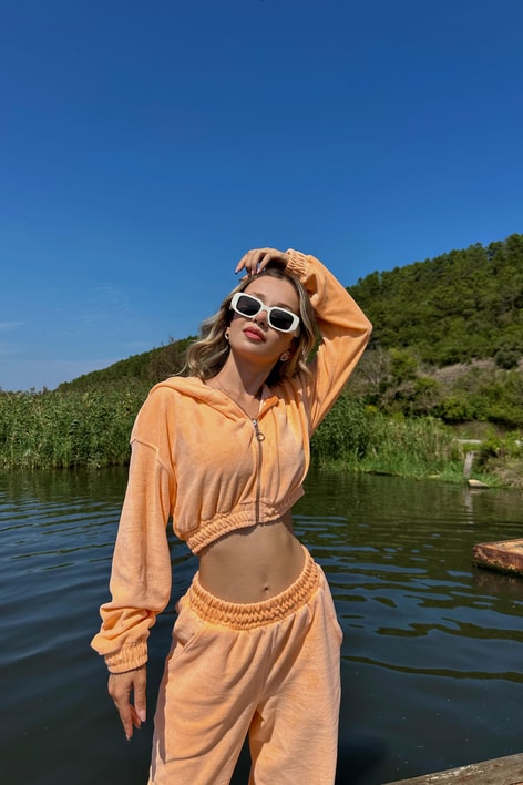 Angel Crop Kadife Takım Turuncu