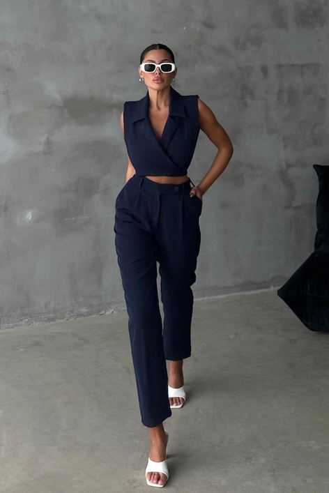 Bağlamalı Yelek Pantolon Takım Lacivert