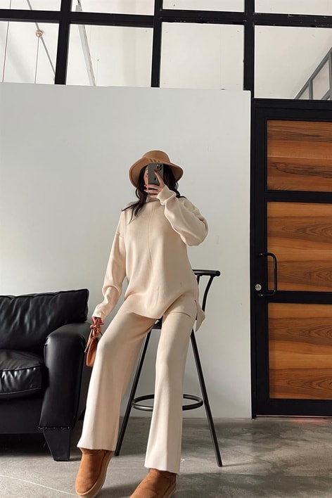 Balıkçı Yaka Palazzo Triko Takım Bej