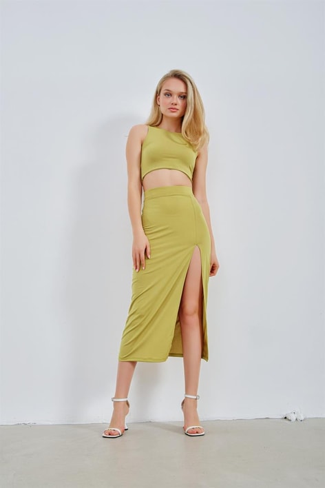 Basic Yırtmaçlı İkili Takım Fıstık Yeşili