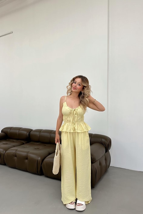 Büzgülü Bluz Pantolon Takım Sarı