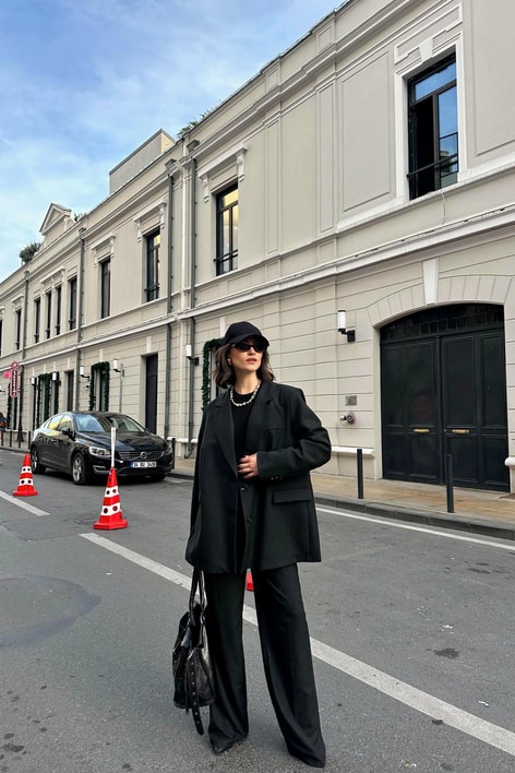 Çizgili Blazer Takım Antrasit