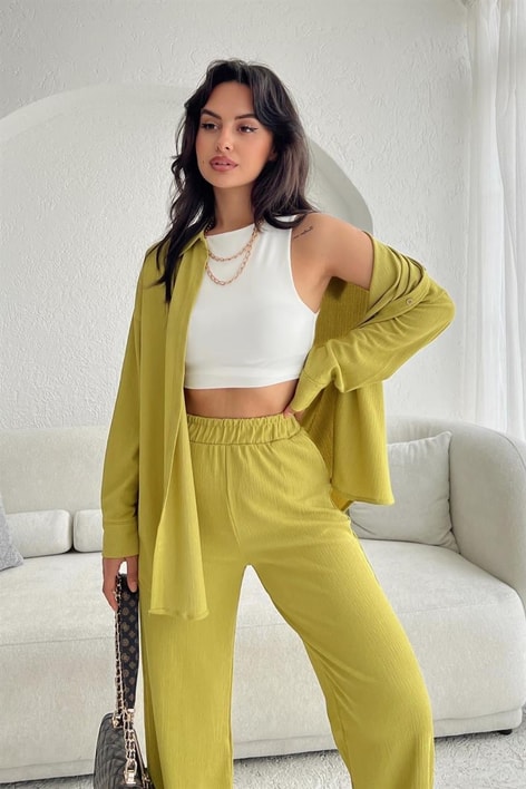 Comfy Piliseli Gömlek Takım Yağ Yeşili