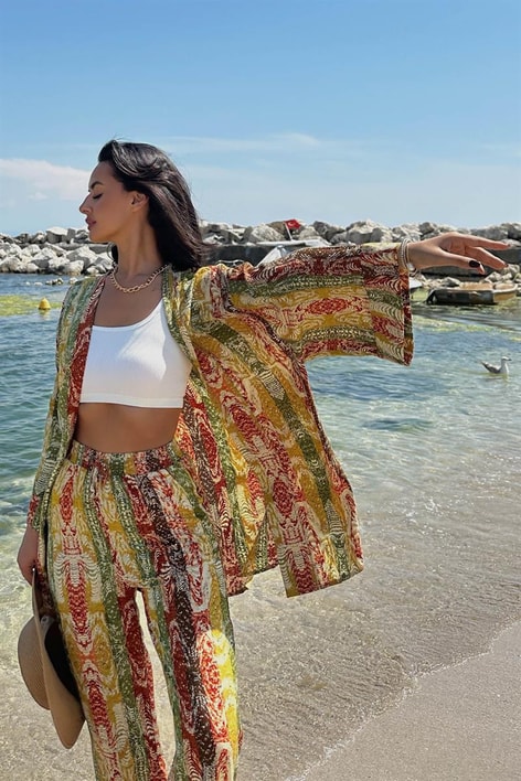 Etnik Desen Kimono Takım Haki