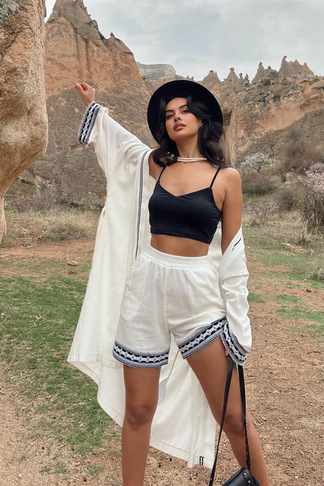 Etnik Şortlu Kimono Takım Ekru