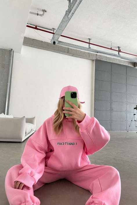 I Dont Care Nakışlı Oversize Takım Pembe