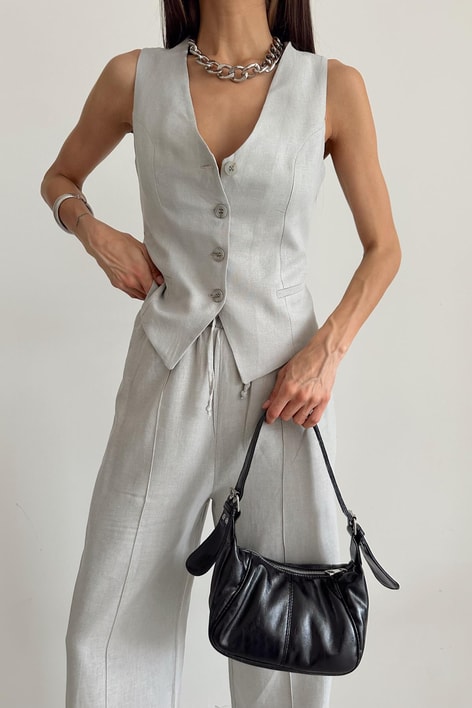 Keten Yelek Pantolon Takım Gri