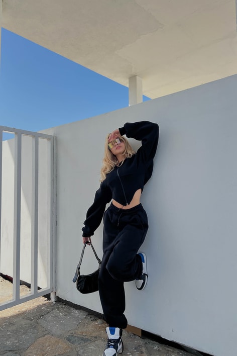 Korsaj Detay Eşofman Takım Siyah