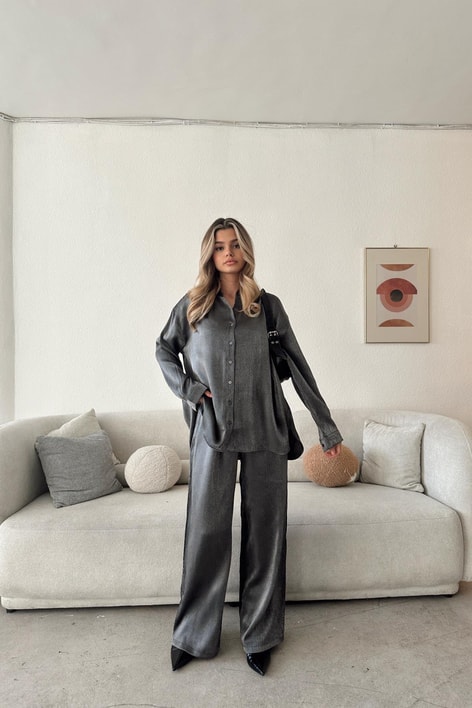 Krinkıl Saten Oversize Takım Füme