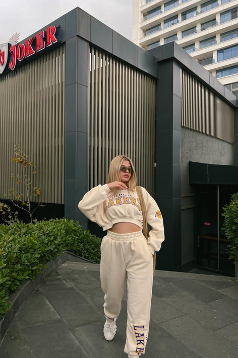 Lakers Baskılı Crop Sweat Takım Bej