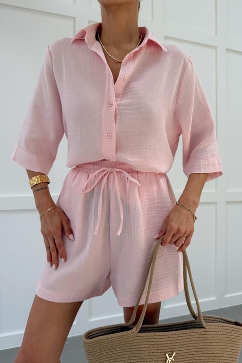 Pamuklu Gömlek Şort Takım Pembe