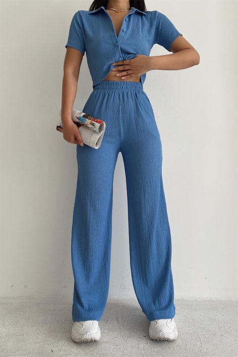 Piliseli Gömlek Pantolon Takım Mavi