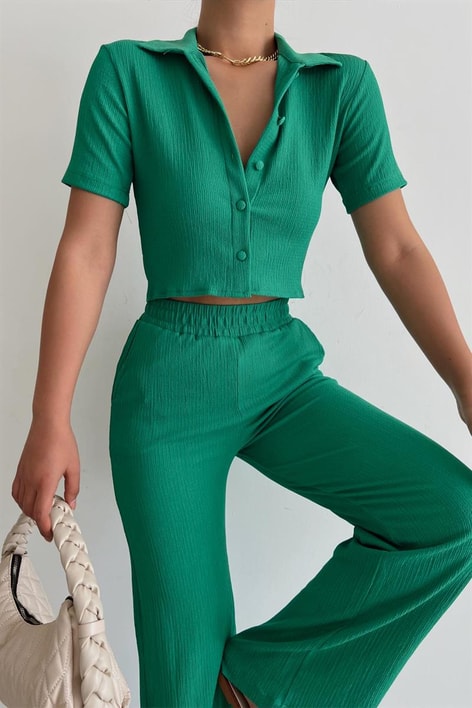 Piliseli Gömlek Pantolon Takım Yeşil