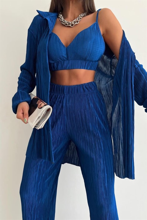 Piliseli Üçlü Sand Takım Saks Mavisi