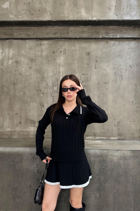 Polo Yaka Şerit Triko Etek Takım Siyah