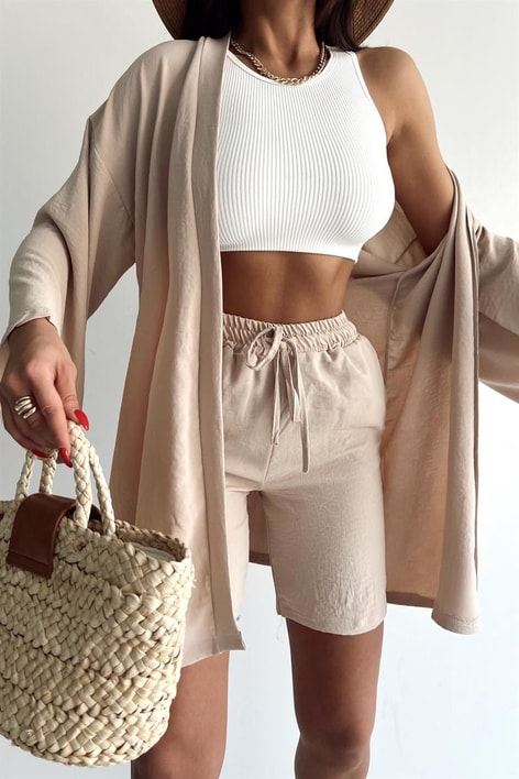 Relaxed Şortlu Kimono Takım Taş