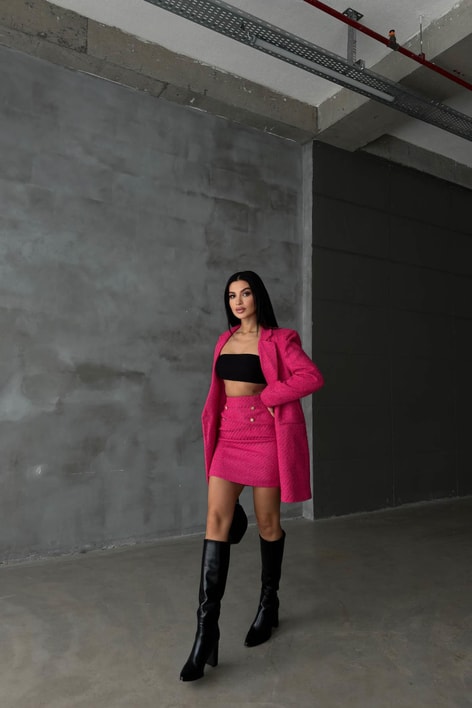 Tek Düğme Blazer Etek Takım Fuşya