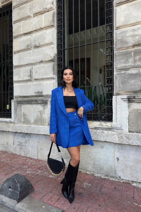 Tek Düğme Blazer Etek Takım Saks Mavisi