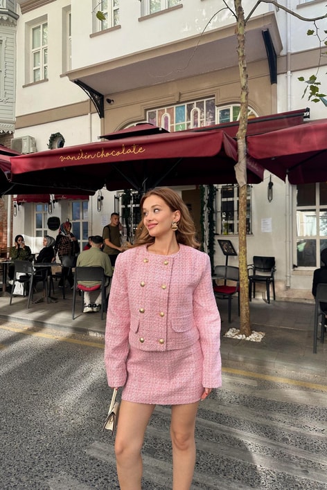 Tüvit Ceket Etek Takım Pudra