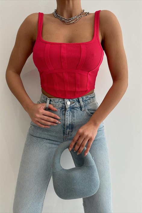 Arka Fermuarlı Korsaj Crop Top Fuşya