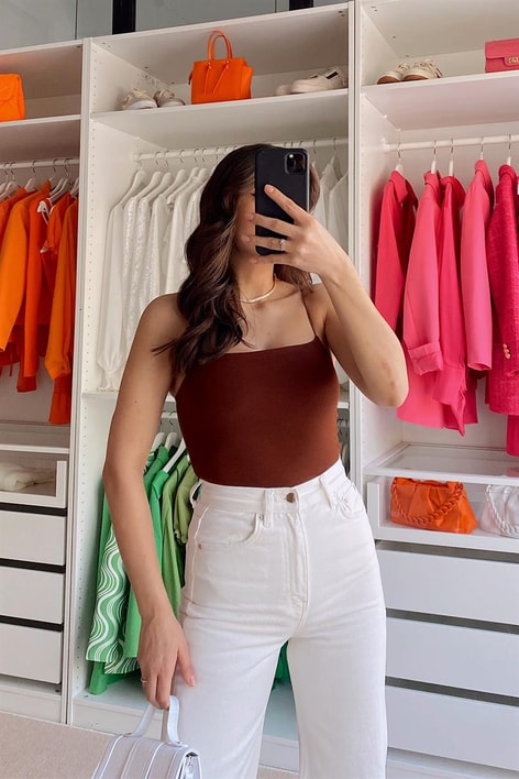 Basic İp Askılı Crop Top Acı Kahve