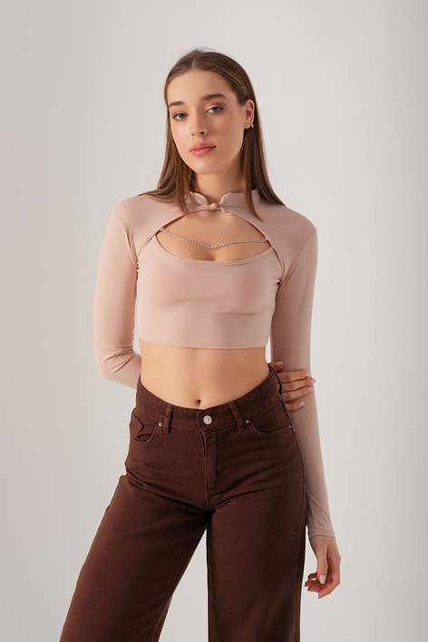 Degaje Yaka Chain Crop Top Bej