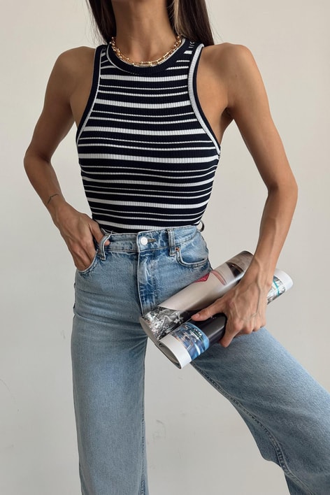 Halter Yaka Çizgili Bluz Lacivert