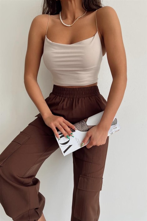 Sırt Dekolteli Basic Crop Top Bej