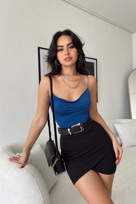 Sırt Dekolteli Basic Crop Top Saks Mavisi