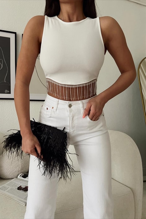 Su Yolu Taşlı Crop Top Beyaz