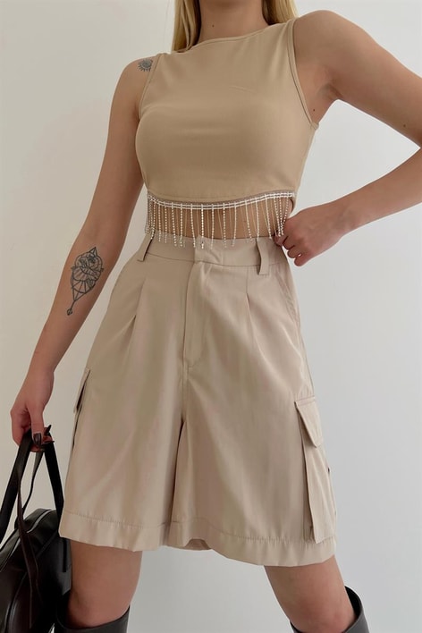 Su Yolu Taşlı Crop Top Taş