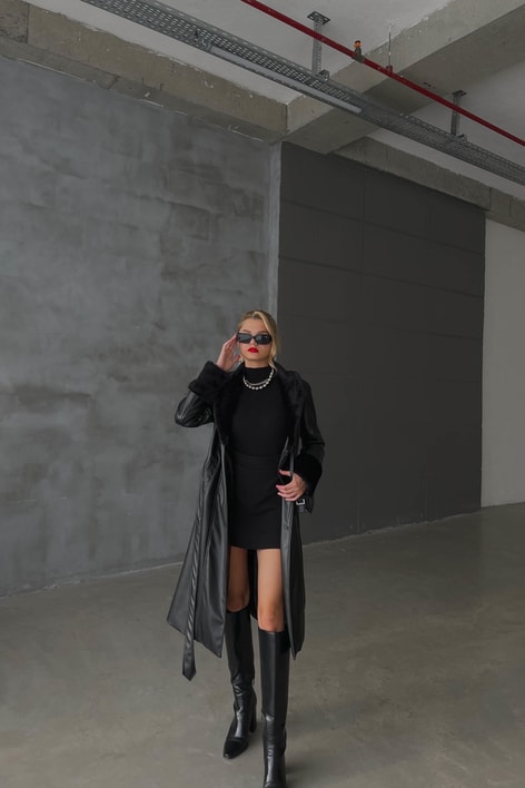 Kürk Detay Premium Deri Trenç Siyah