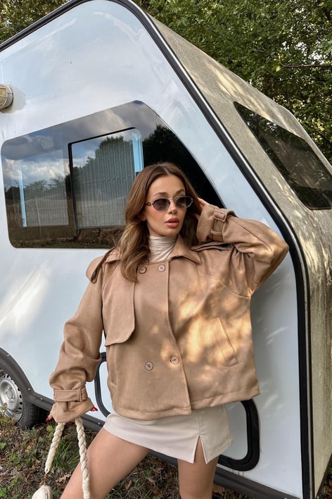 Süet Kısa Trench Bej