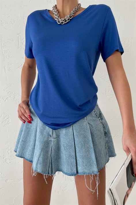 Bisiklet Yaka Basic Oversize Tshirt Mavi