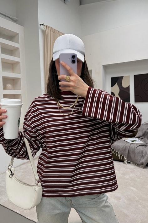 Çizgili Uzun Kol Tshirt Bordo