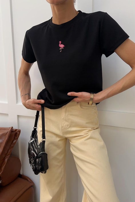 Flamingo Nakışlı Tshirt Siyah