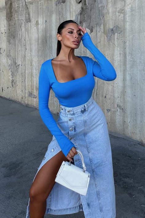 Kare Yaka Basic Tshirt Mavi