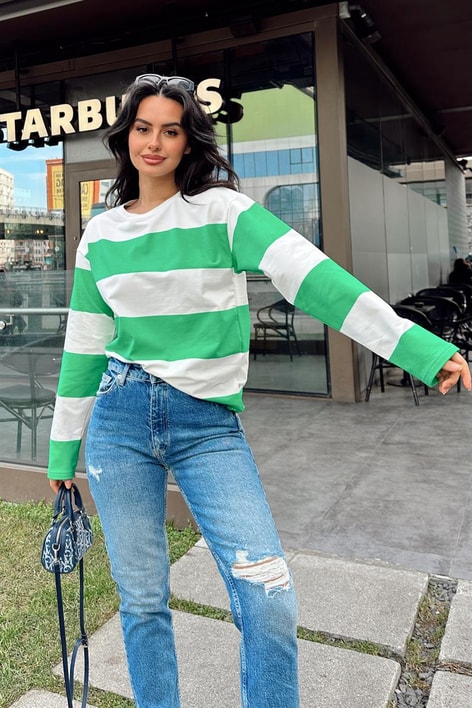 Şeritli Bisiklet Yaka Tshirt Yeşil