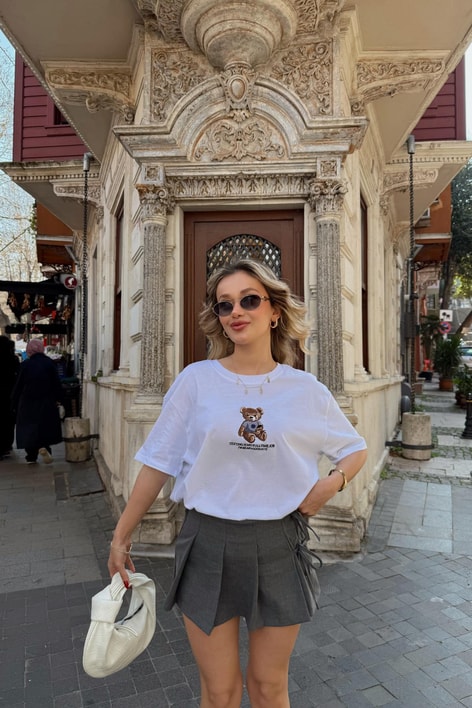 Teddy Nakışlı Tshirt Beyaz