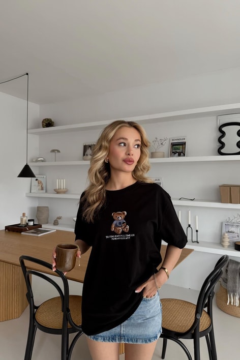 Teddy Nakışlı Tshirt Siyah