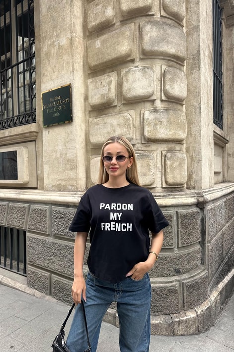 Text Pardon Baskılı Tshirt Siyah