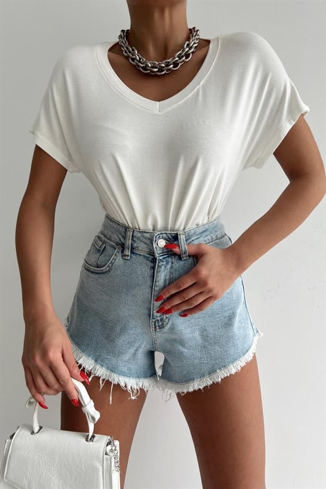 V Yaka Basic Tshirt Beyaz