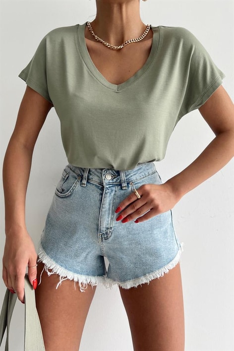 V Yaka Basic Tshirt Haki