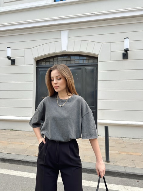 Yıkamalı Bisiklet Yaka Tshirt Füme