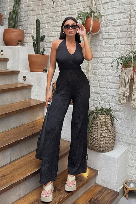 Boyundan Bağlamalı Gofre Tulum Siyah