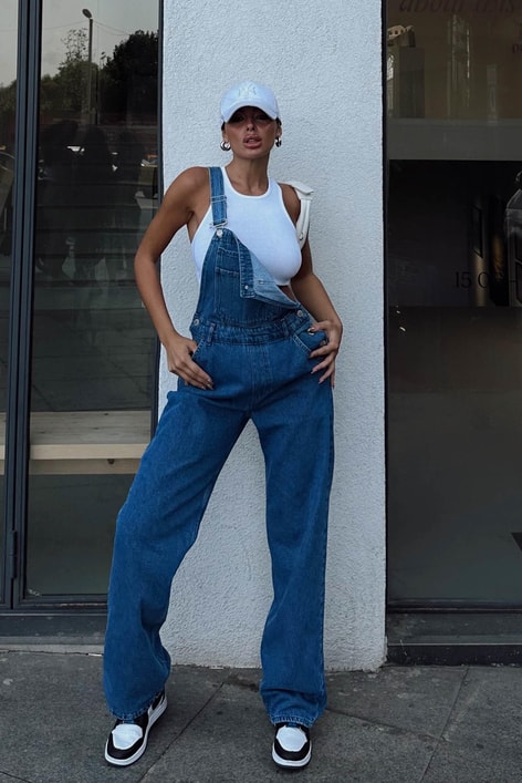 Ön Cepli Düğme Detay Denim Tulum Mavi